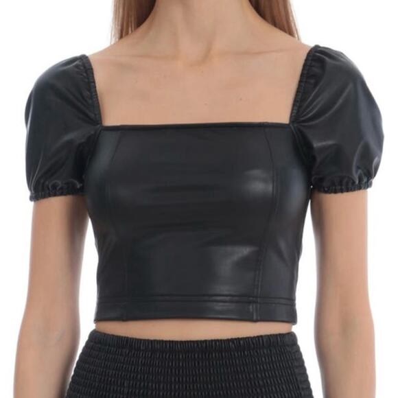 NWT New Avec Les Filles Puff Sleeve Faux Leather Crop Top Size M - Picture 1 of 7
